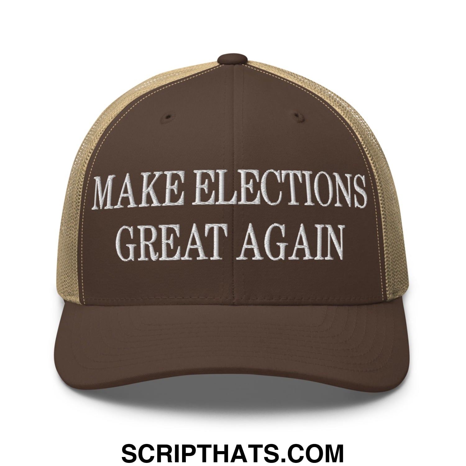 Make Elections Great Again Embroidered Mesh Trucker Hat Brown Khaki