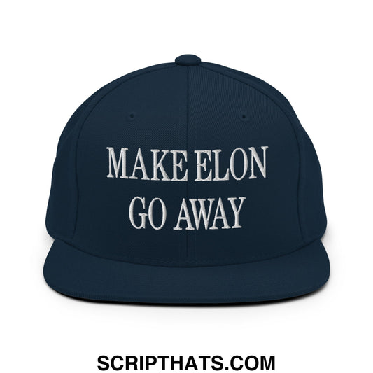 Navy blue snapback hat with white embroidered make Elon go away text and flat bill brim for casual wear