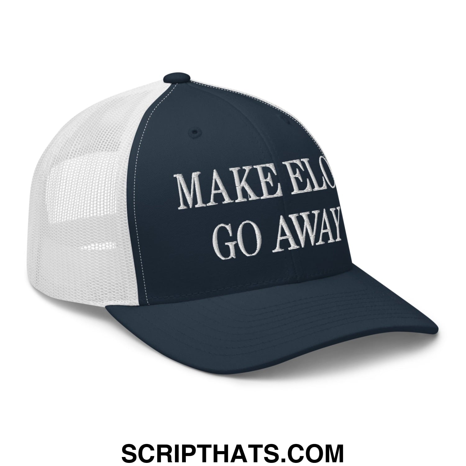 Make Elon Go Away Embroidered Mesh Trucker Hat Navy White