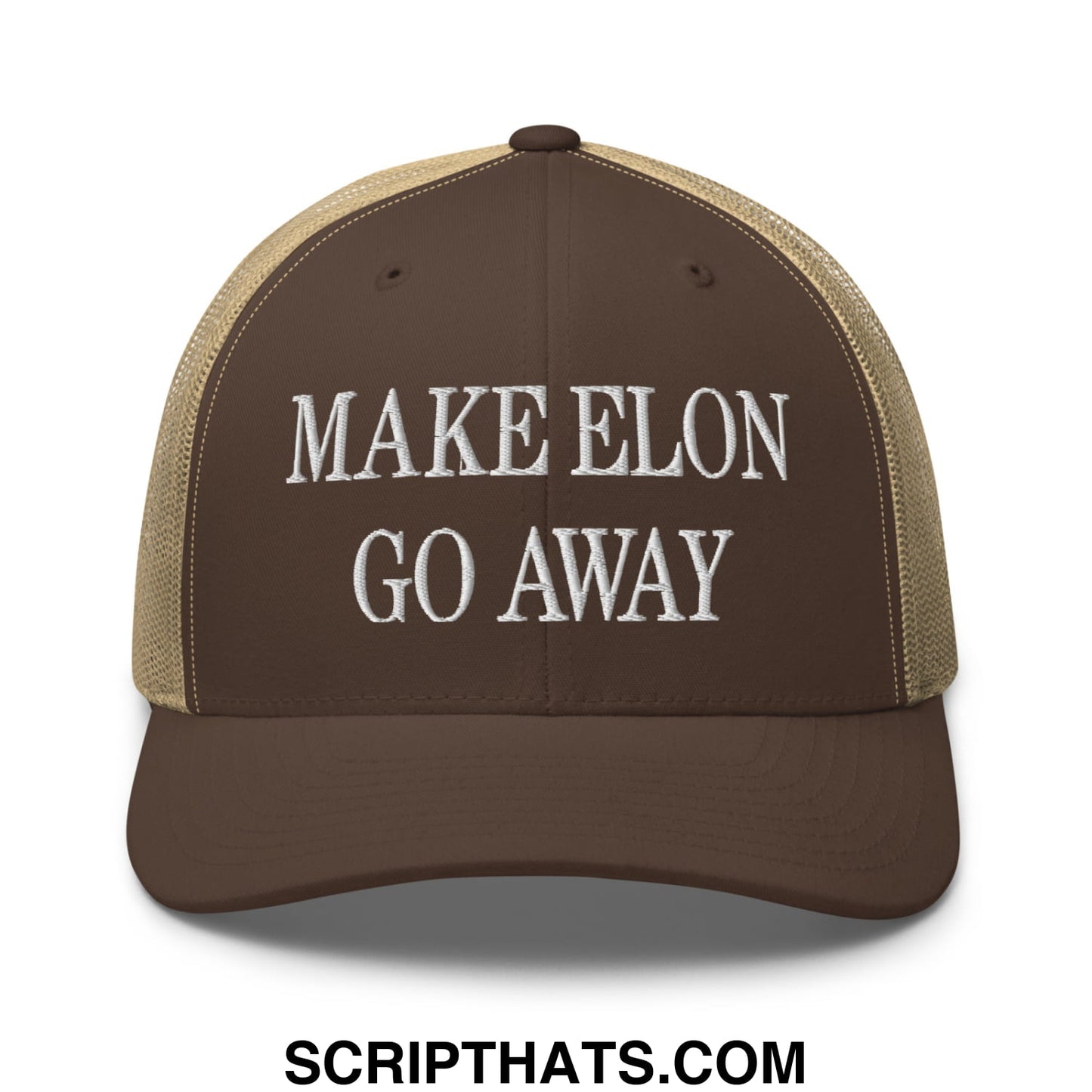 Make Elon Go Away Embroidered Mesh Trucker Hat Brown Khaki