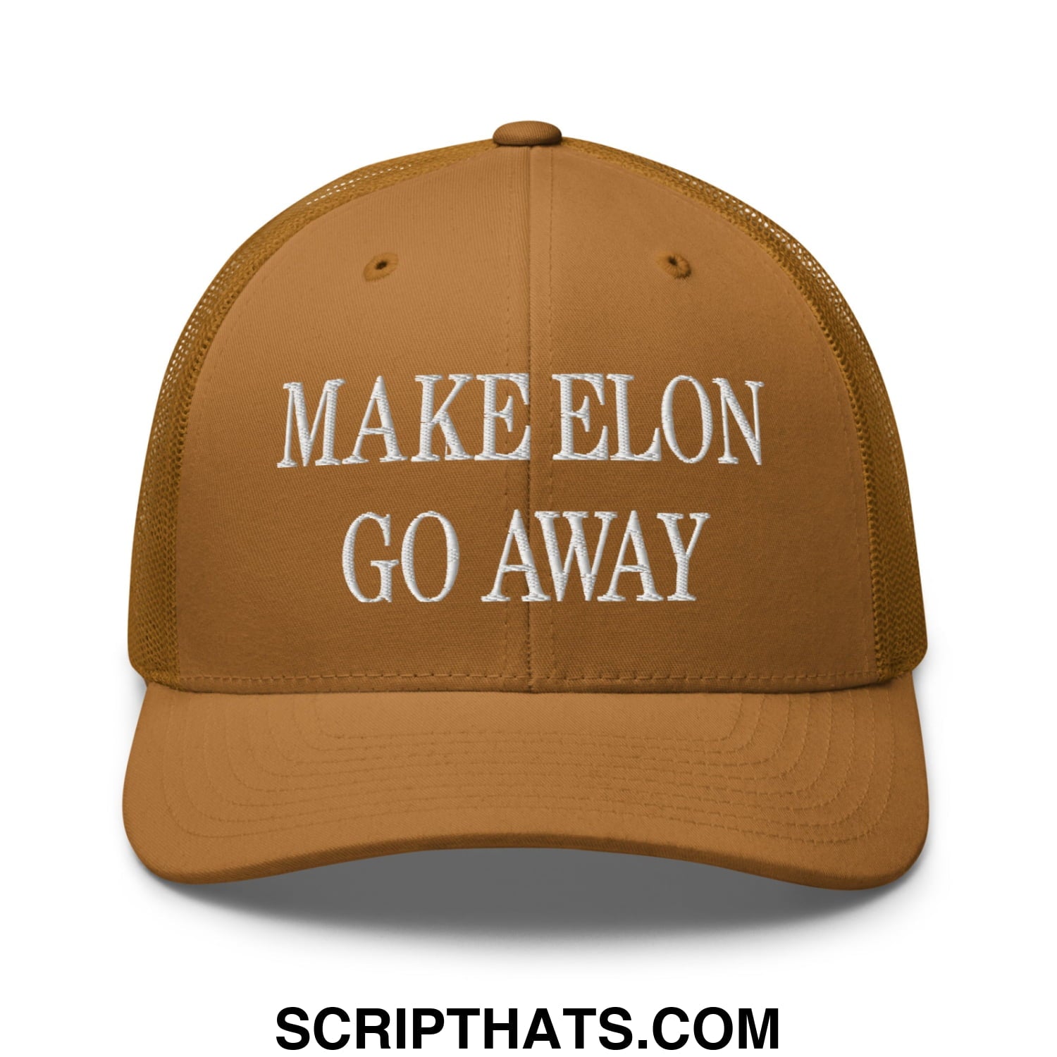 Make Elon Go Away Embroidered Mesh Trucker Hat Caramel