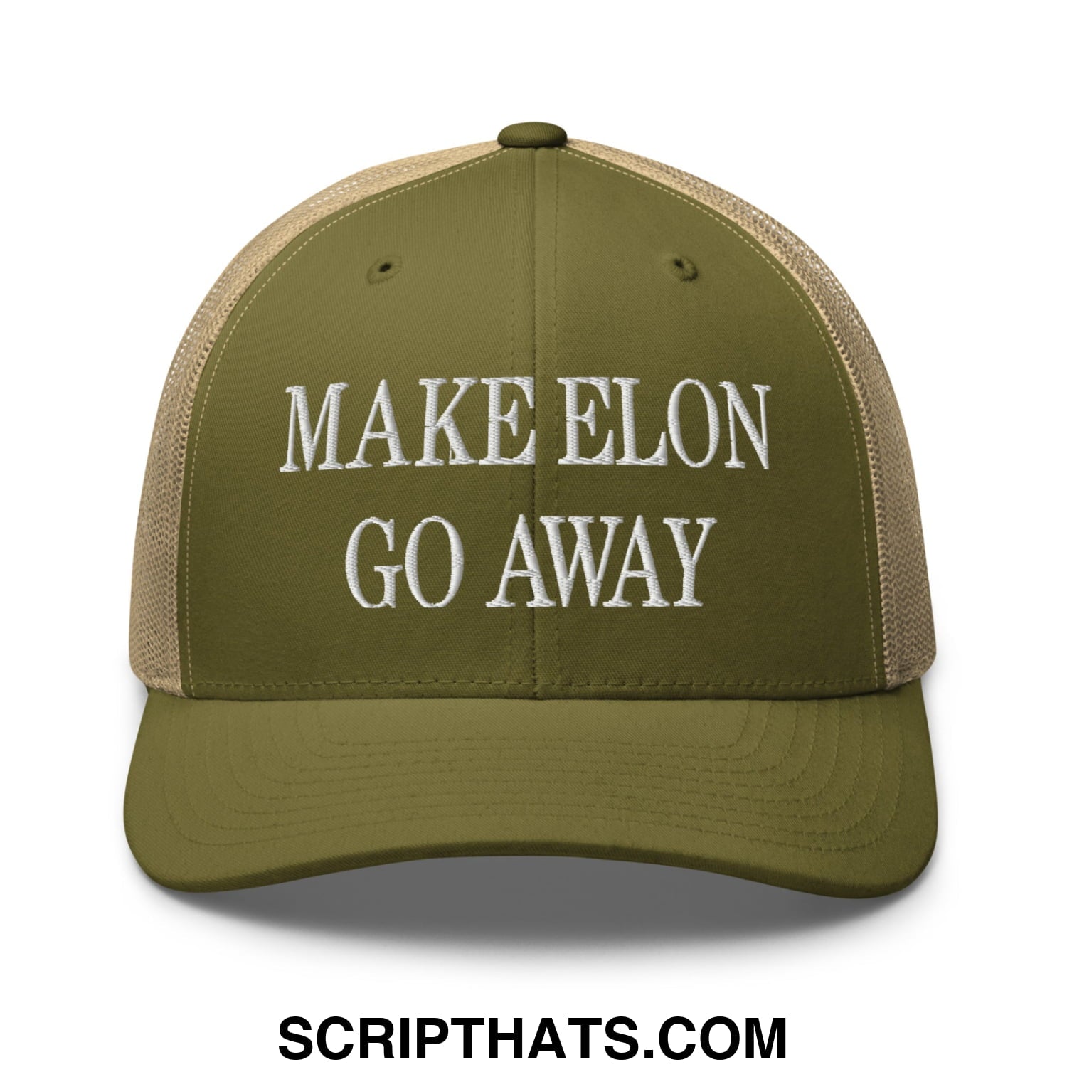 Make Elon Go Away Embroidered Mesh Trucker Hat Moss Khaki