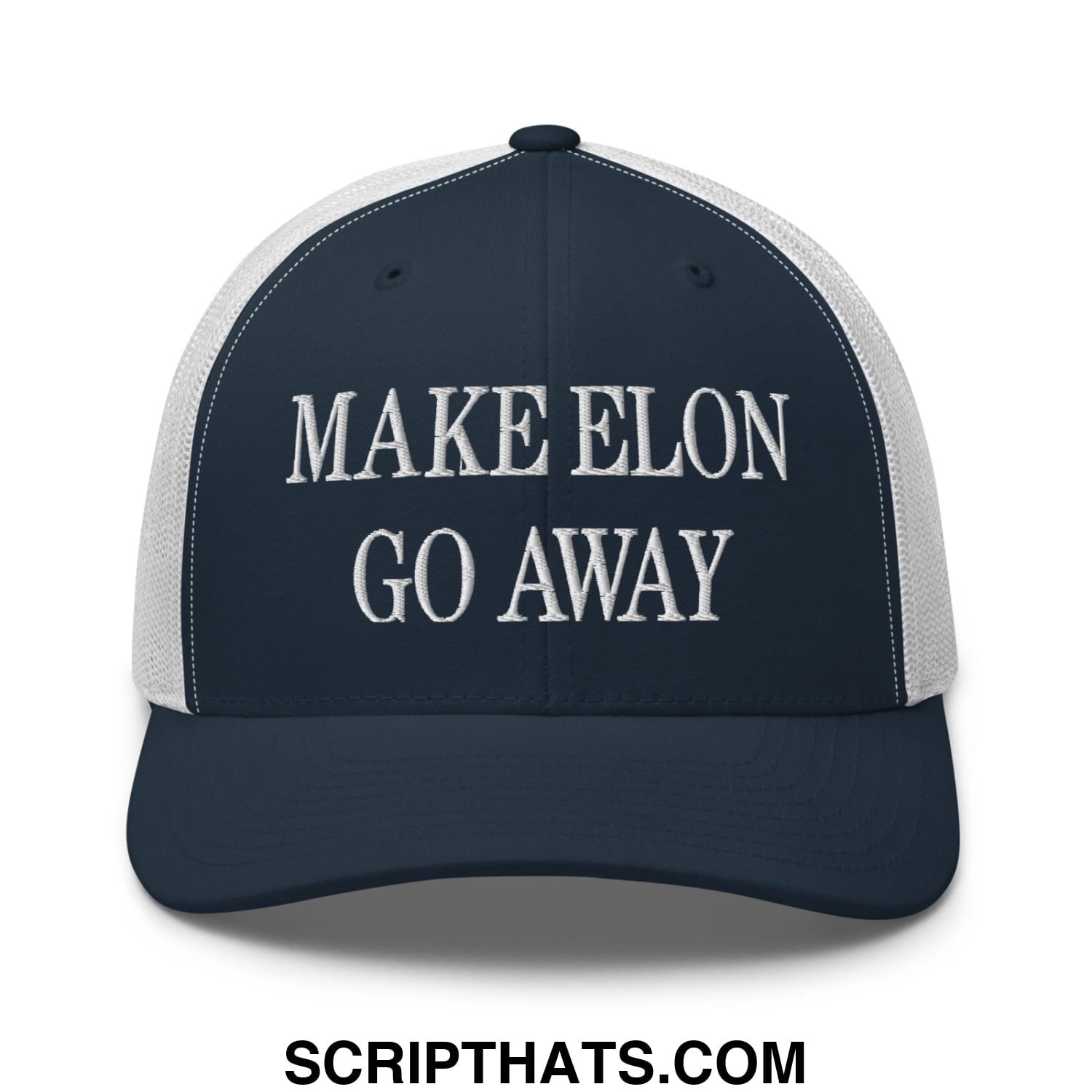 Make Elon Go Away Embroidered Mesh Trucker Hat Navy White