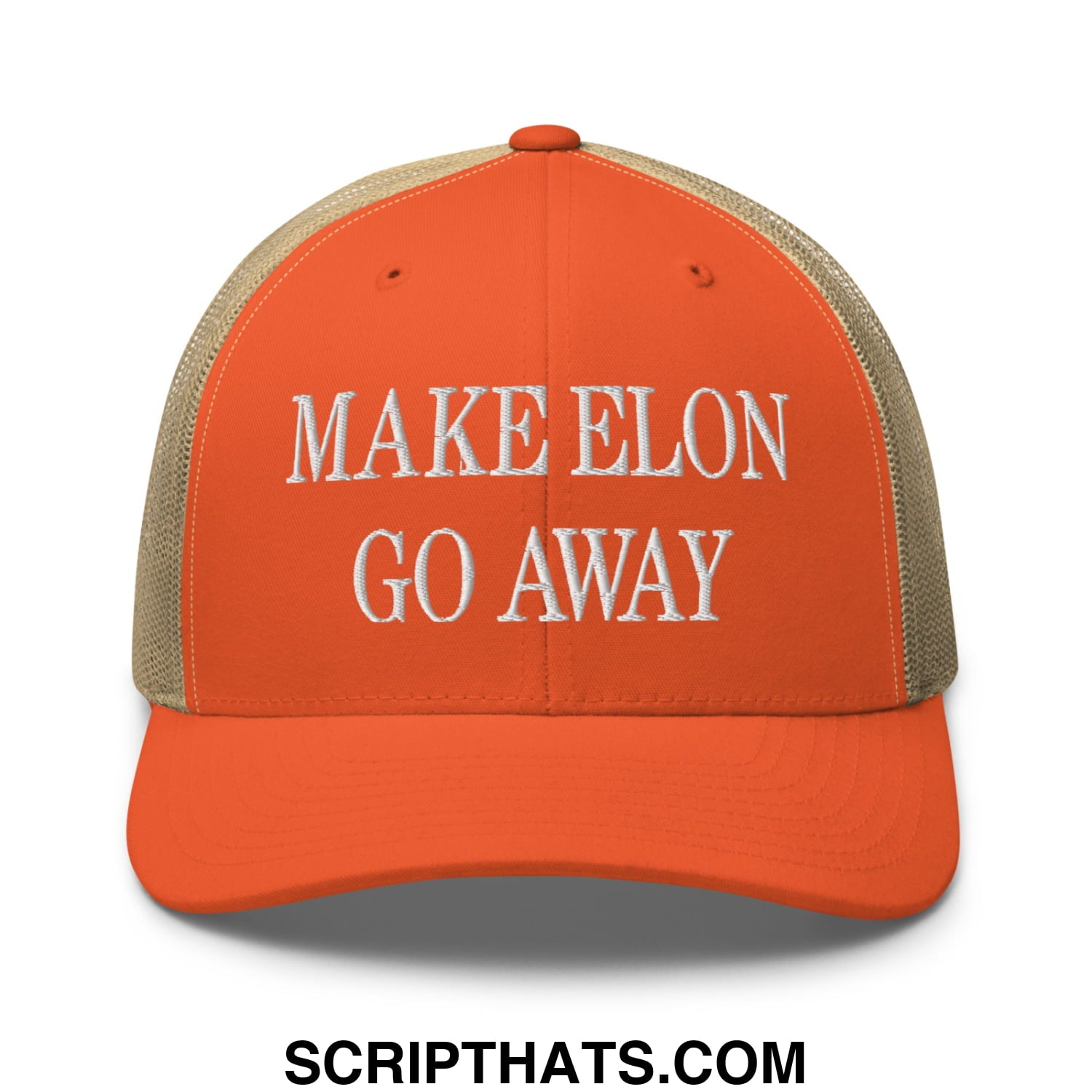 Make Elon Go Away Embroidered Mesh Trucker Hat Rustic Orange Khaki
