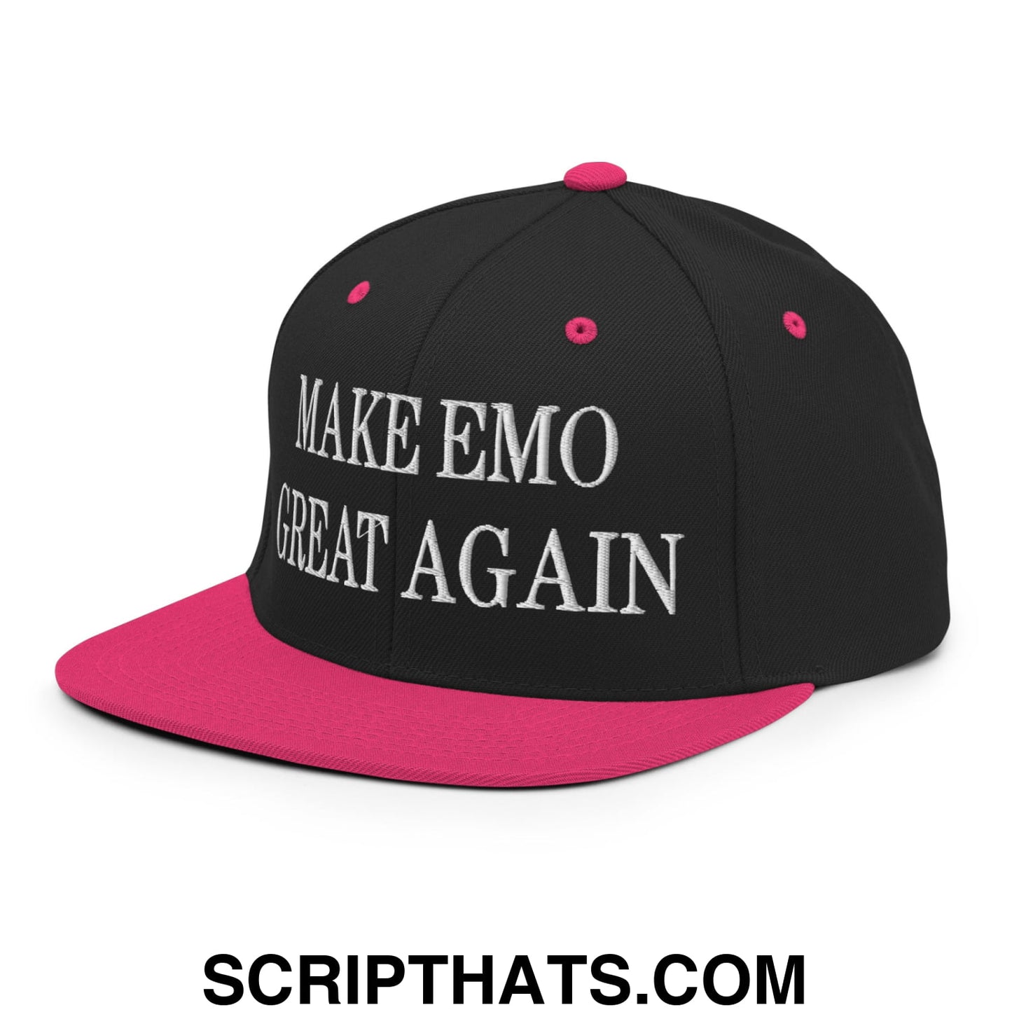 Make Emo Great Again Embroidered Flat Bill Brim Snapback Hat Black Neon Pink