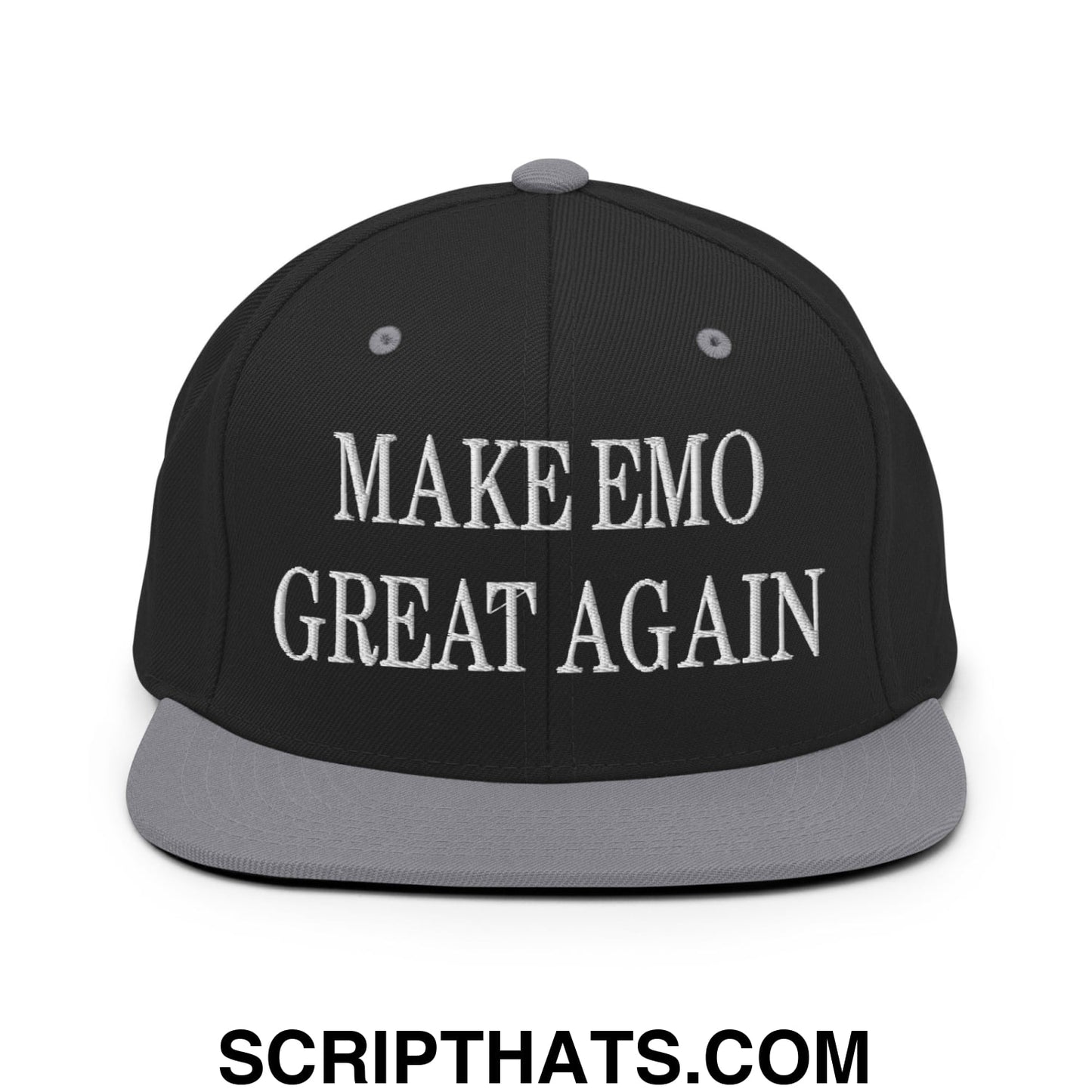 Make Emo Great Again Embroidered Flat Bill Brim Snapback Hat Black Silver