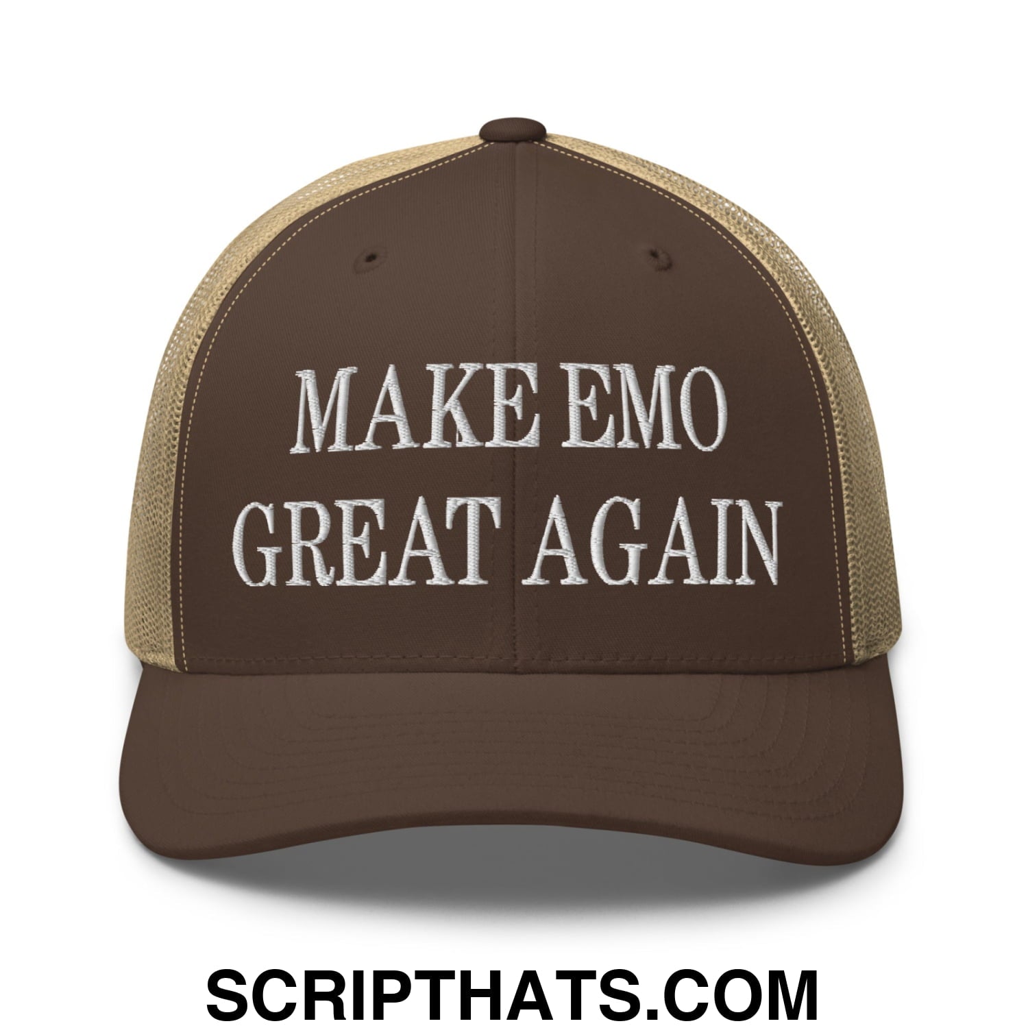 Make Emo Great Again Embroidered Mesh Trucker Hat Brown Khaki