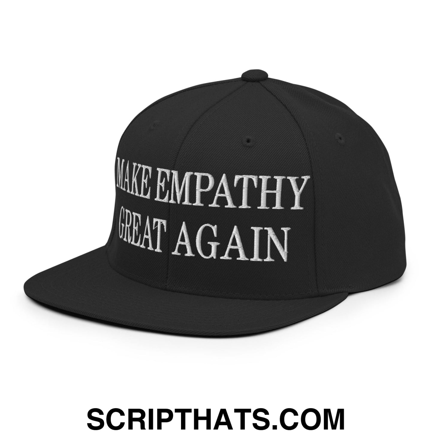 Black embroidered flat bill snapback hat with white make empathy great again text for casual wear