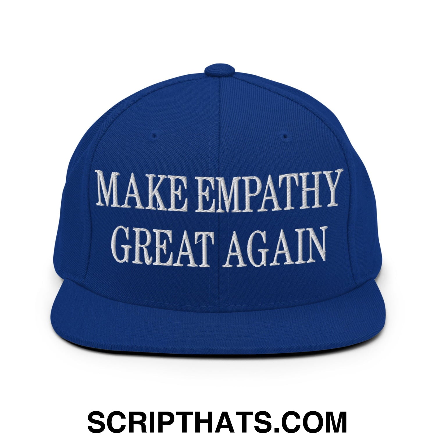 Royal blue snapback hat with white embroidered make empathy great again text and flat bill brim design