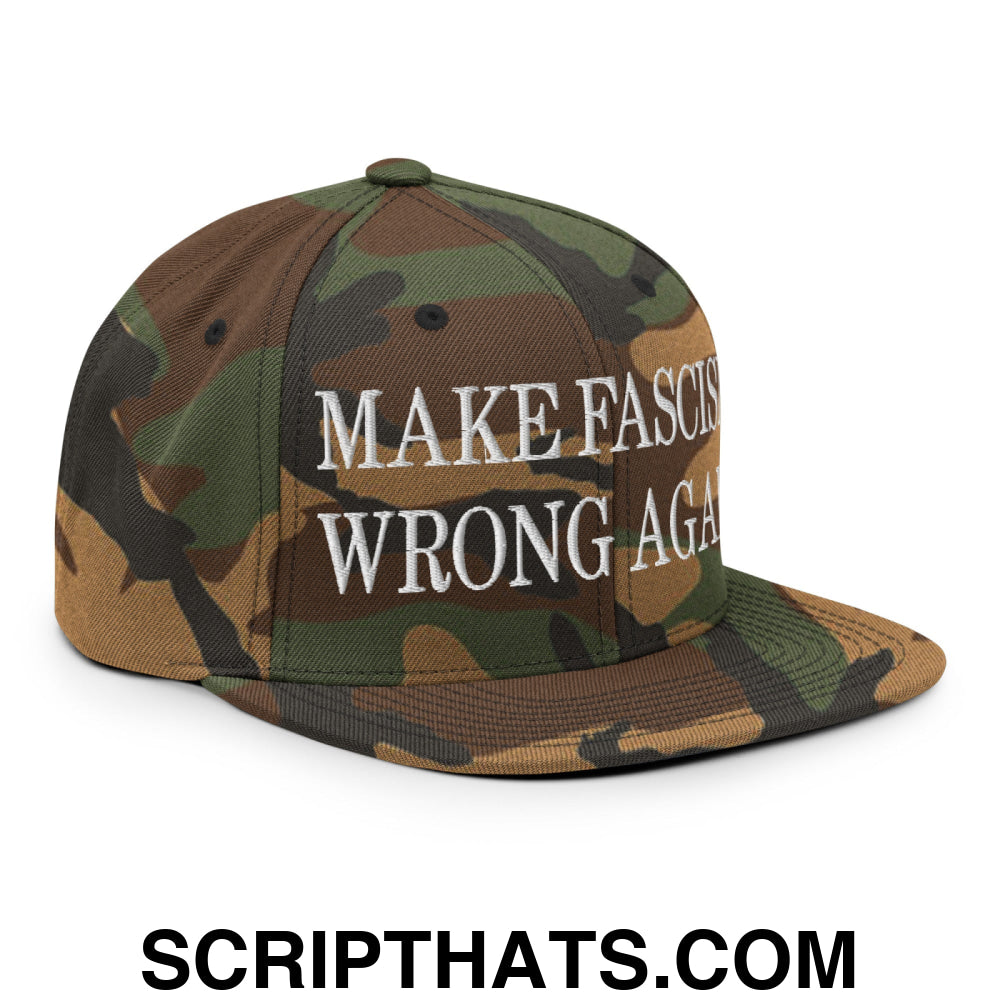 Make Fascism Wrong Again Embroidered Flat Bill Brim Snapback Hat Green Camo