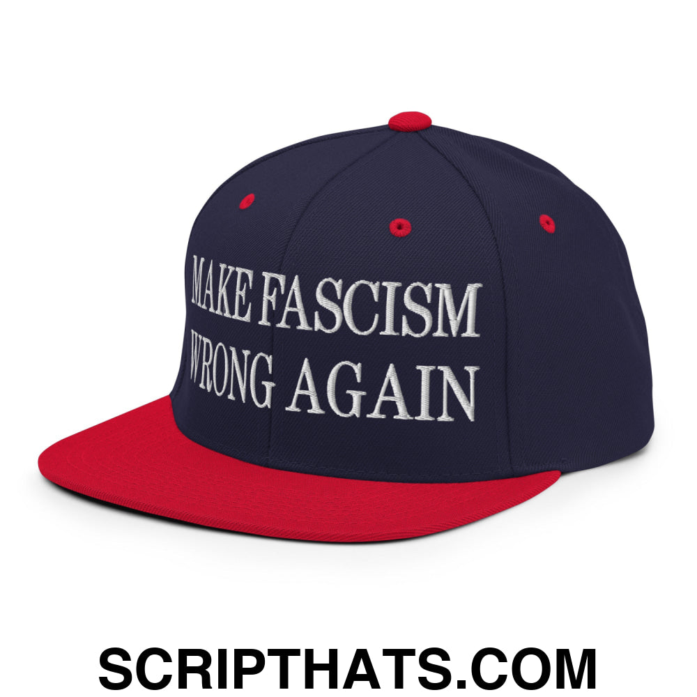 Make Fascism Wrong Again Embroidered Flat Bill Brim Snapback Hat Navy Red
