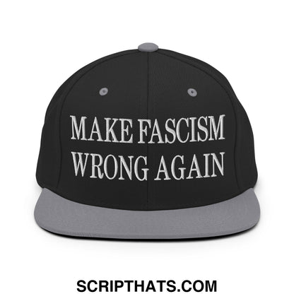 Black snapback hat with gray brim and white embroidered text make fascism wrong again for casual wear