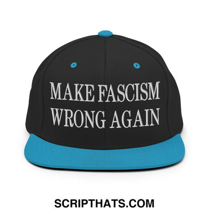 Black snapback cap with teal brim and button featuring white embroidered make fascism wrong again text