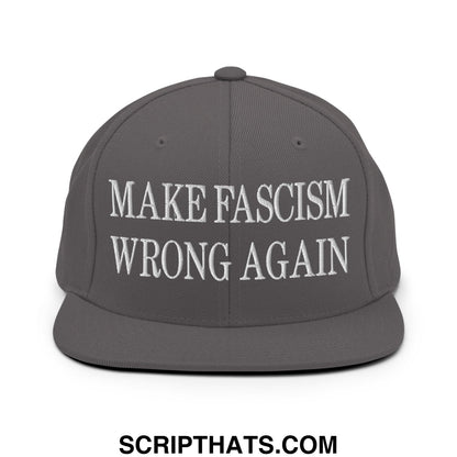 Gray snapback cap with white embroidered make fascism wrong again text and flat bill brim for casual wear
