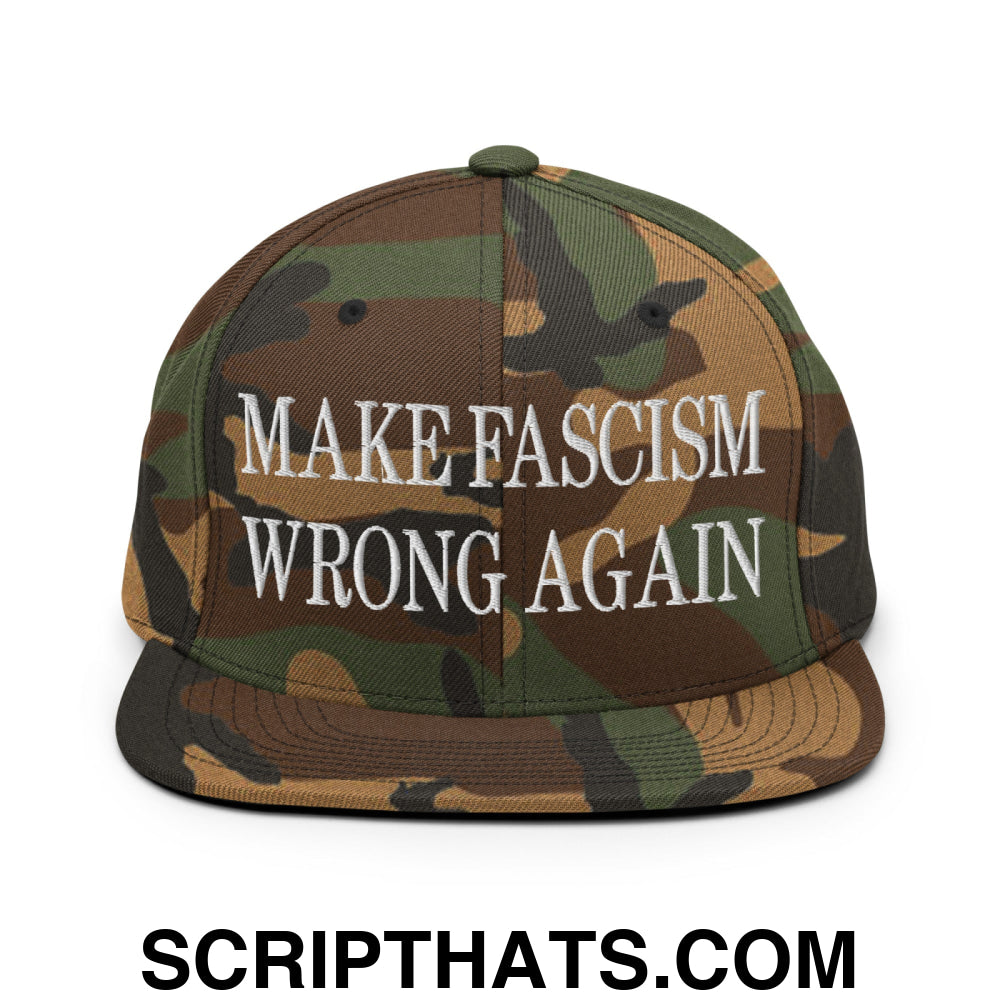 Make Fascism Wrong Again Embroidered Flat Bill Brim Snapback Hat Green Camo