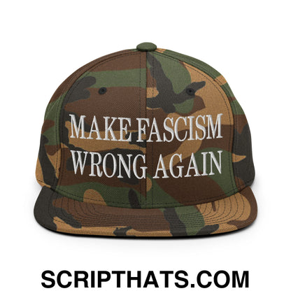 Make Fascism Wrong Again Embroidered Flat Bill Brim Snapback Hat Green Camo