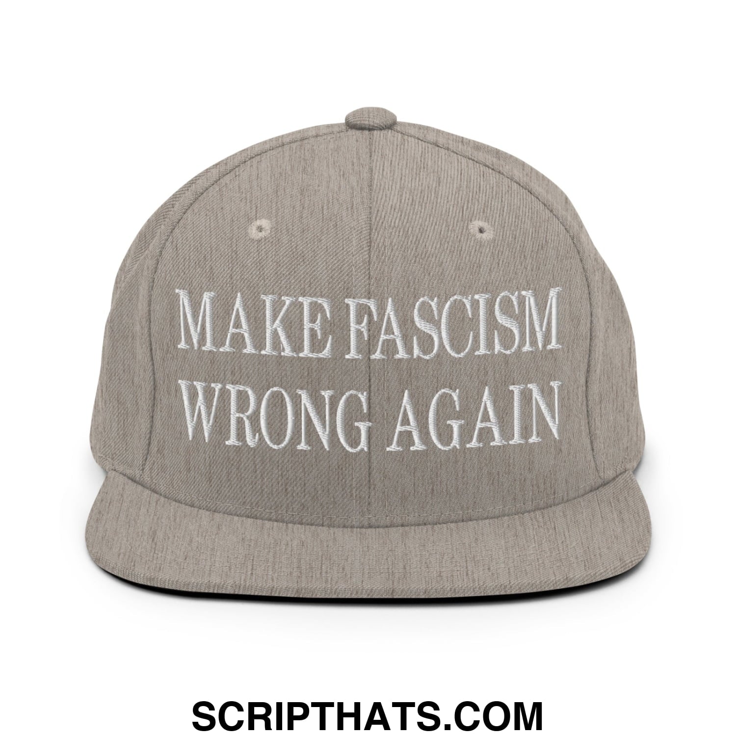 Gray snapback hat with white embroidered make fascism wrong again text and flat bill brim design