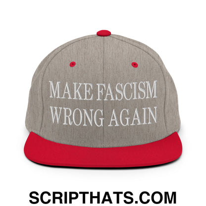 Make Fascism Wrong Again Embroidered Flat Bill Brim Snapback Hat Heather Grey Red