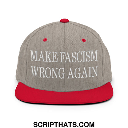 Gray and red snapback cap with white embroidered text make fascism wrong again and flat bill brim design