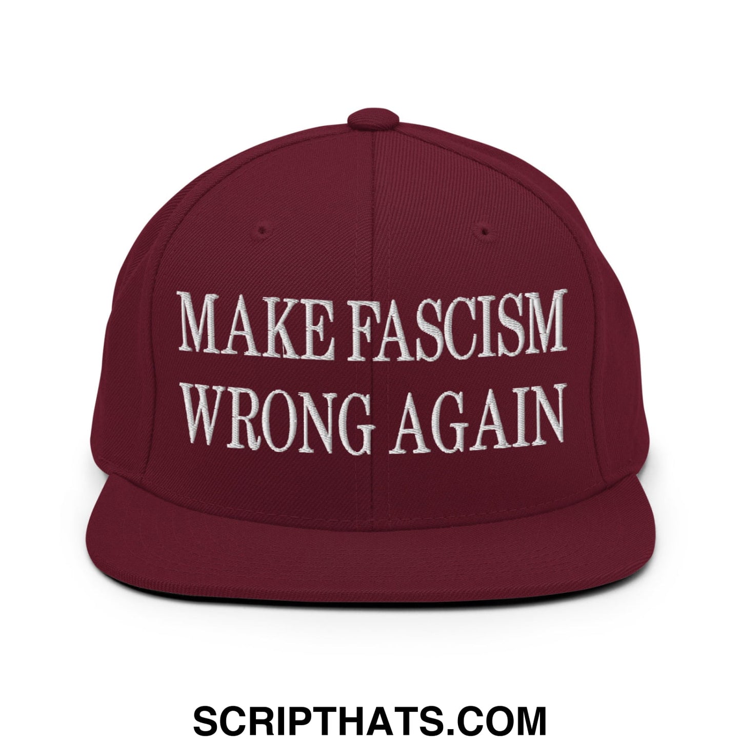 Maroon snapback cap with white embroidered text make fascism wrong again flat bill brim for casual wear