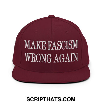 Maroon snapback cap with white embroidered text make fascism wrong again flat bill brim for casual wear
