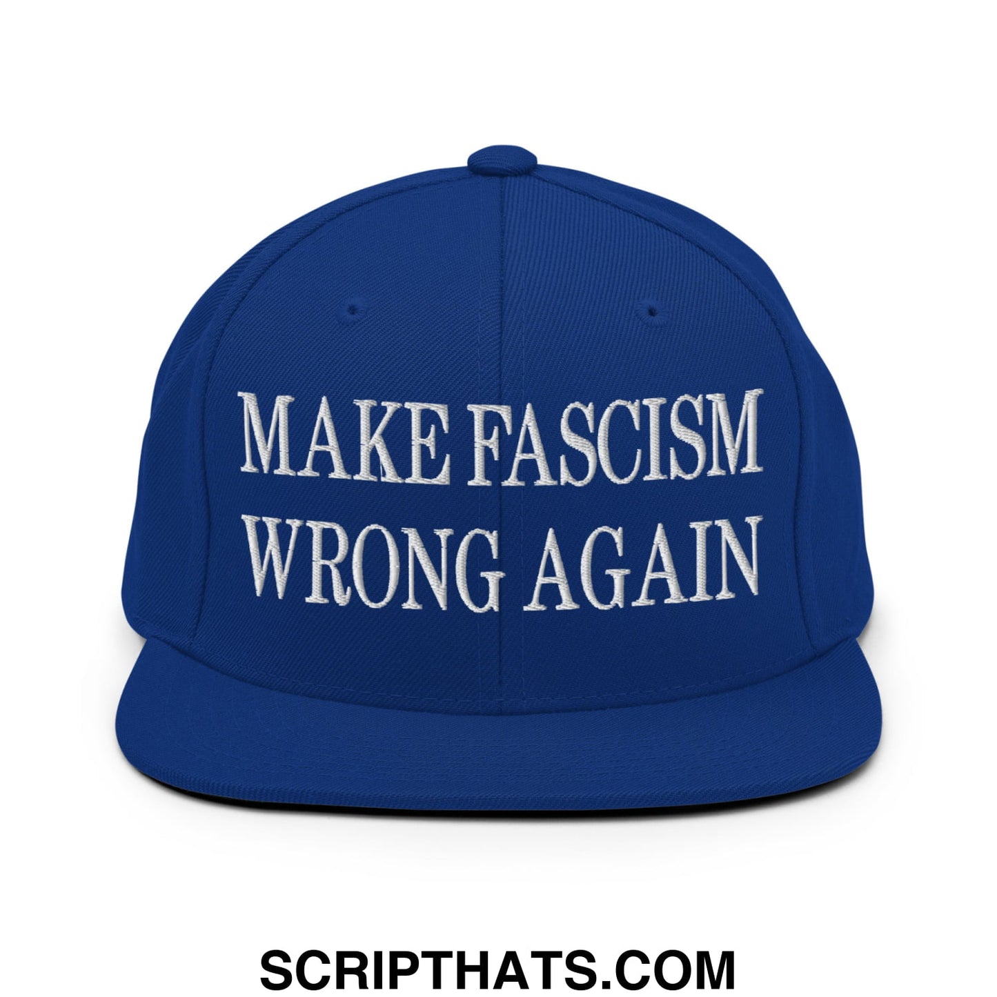 Royal blue embroidered flat bill snapback hat with white make fascism wrong again text