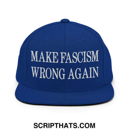 Royal blue embroidered flat bill snapback hat with white make fascism wrong again text