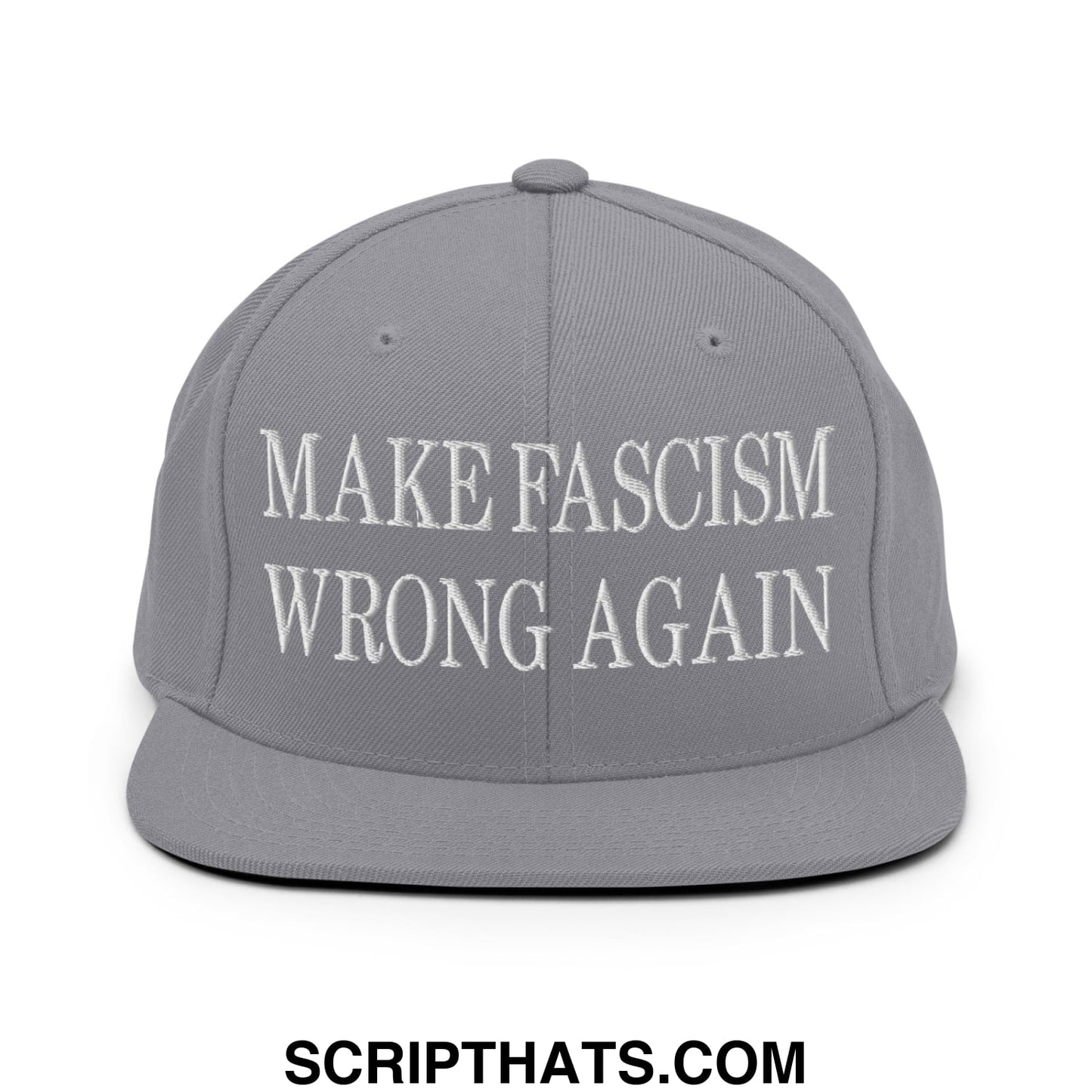 Gray make fascism wrong again embroidered flat bill brim snapback hat with white text on front for casual wear