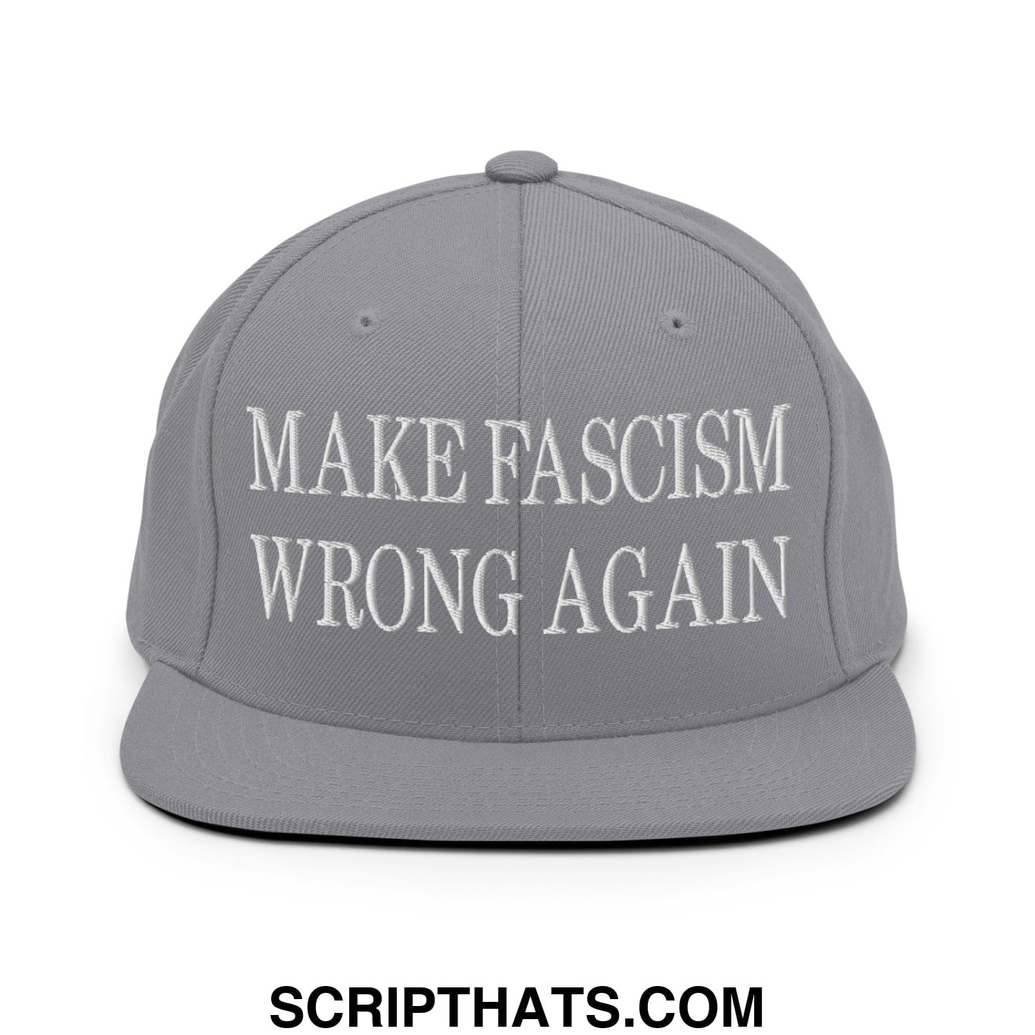 Gray make fascism wrong again embroidered flat bill brim snapback hat with white text on front for casual wear