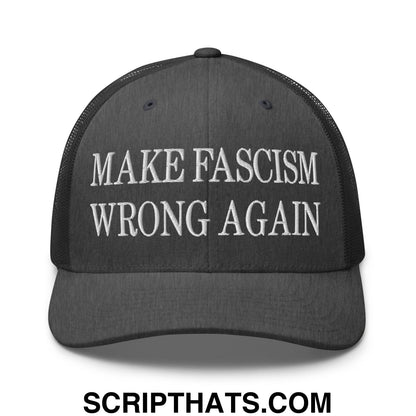 Black mesh trucker hat with white embroidered text make fascism wrong again on the front panel