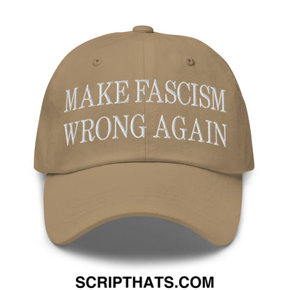 Tan unstructured dad hat featuring white embroidered text make fascism wrong again for casual wear