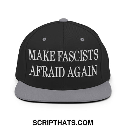 Black snapback cap with gray brim and white embroidered make fascists afraid again text flat bill brim snapback hat