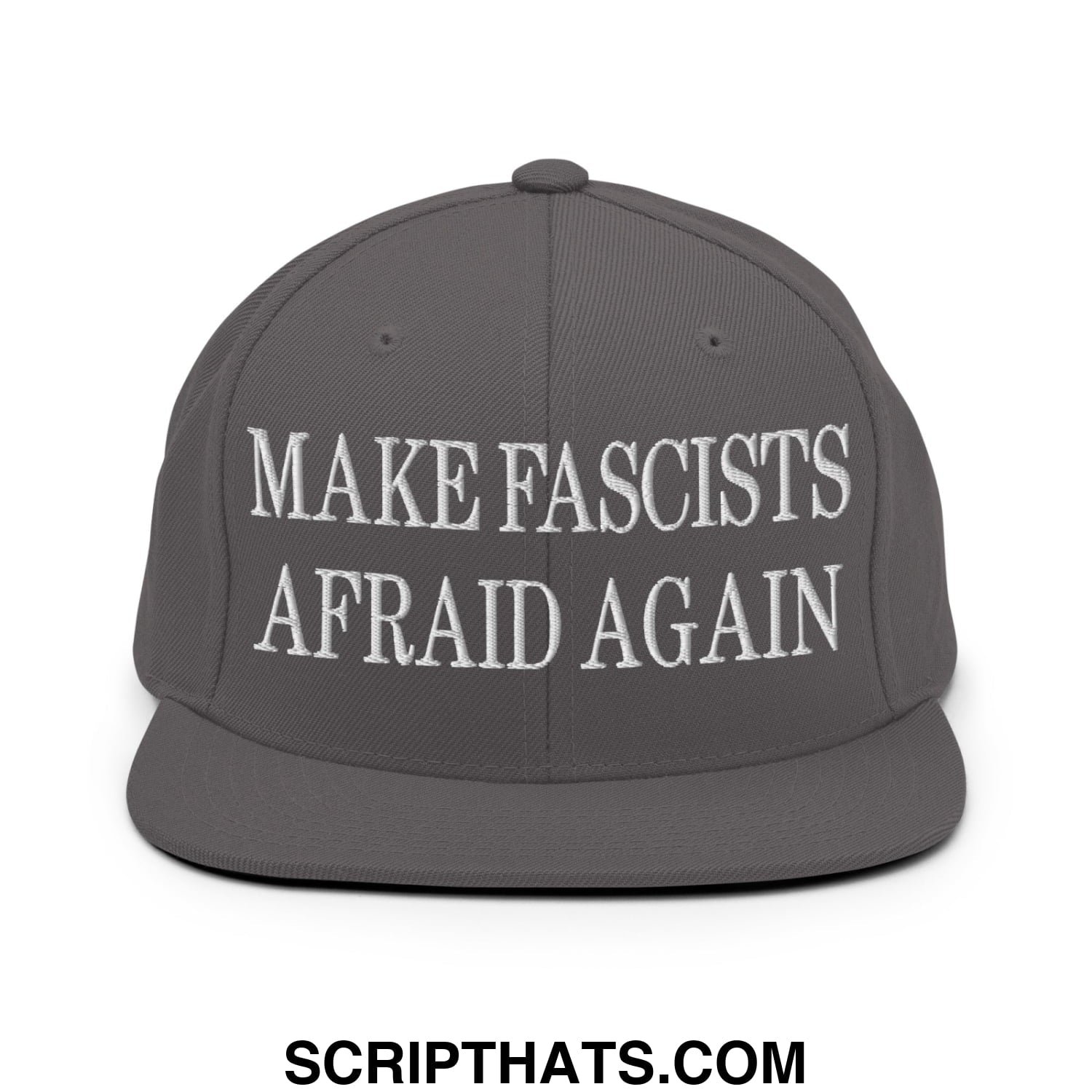 Gray snapback hat with white embroidered make fascists afraid again text and flat bill brim for activist wear