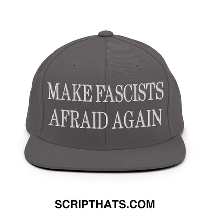 Gray snapback hat with white embroidered make fascists afraid again text and flat bill brim for activist wear