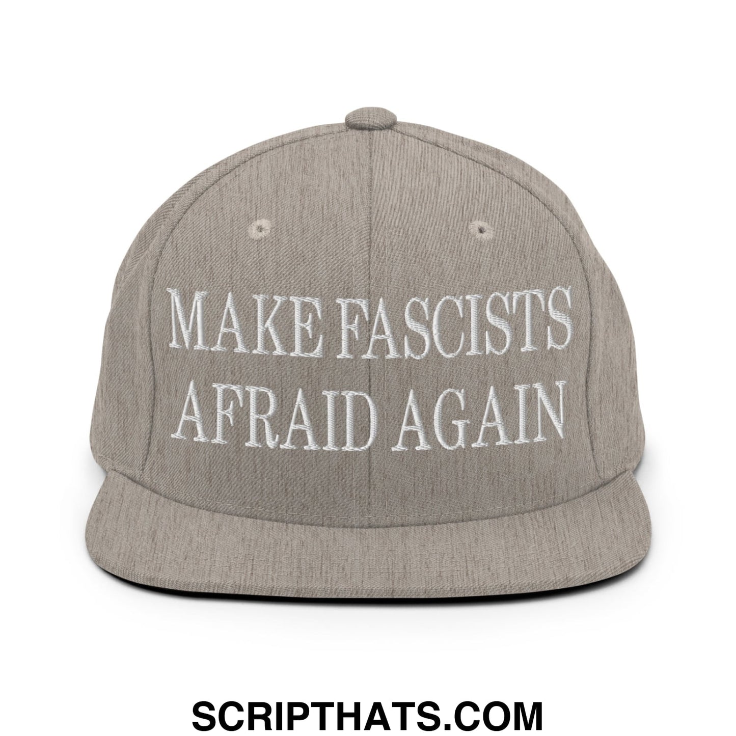 Gray snapback hat with white embroidered make fascists afraid again text and flat bill brim for bold style and activism