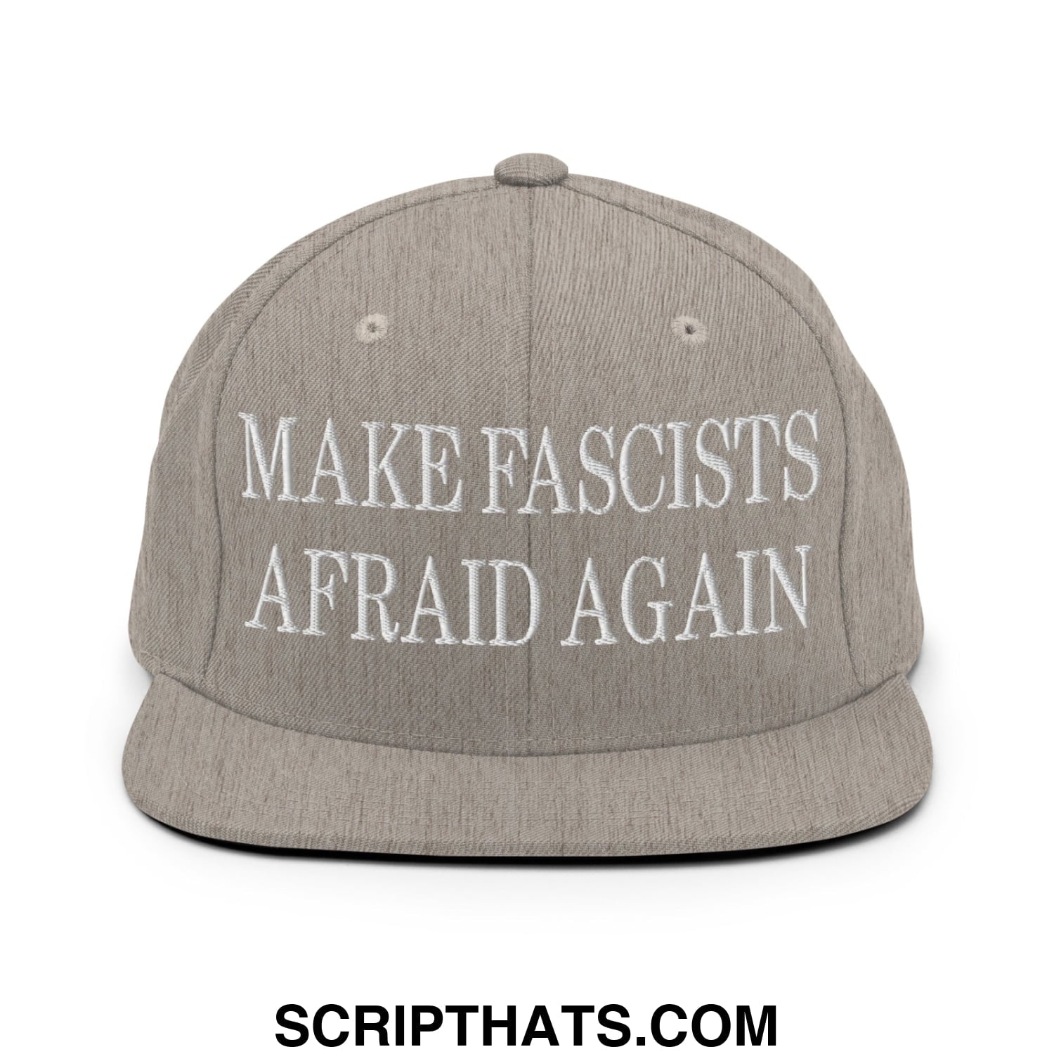 Gray snapback hat with white embroidered make fascists afraid again text and flat bill brim for bold style and activism