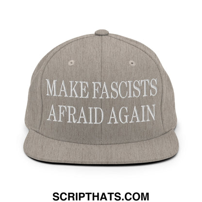 Gray snapback hat with white embroidered make fascists afraid again text and flat bill brim for bold style and activism