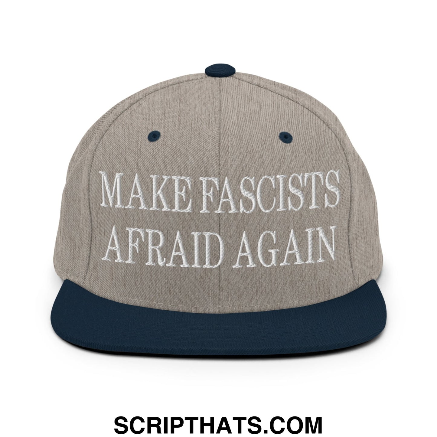 Gray and navy blue snapback hat with white embroidered text make fascists afraid again on the front panel