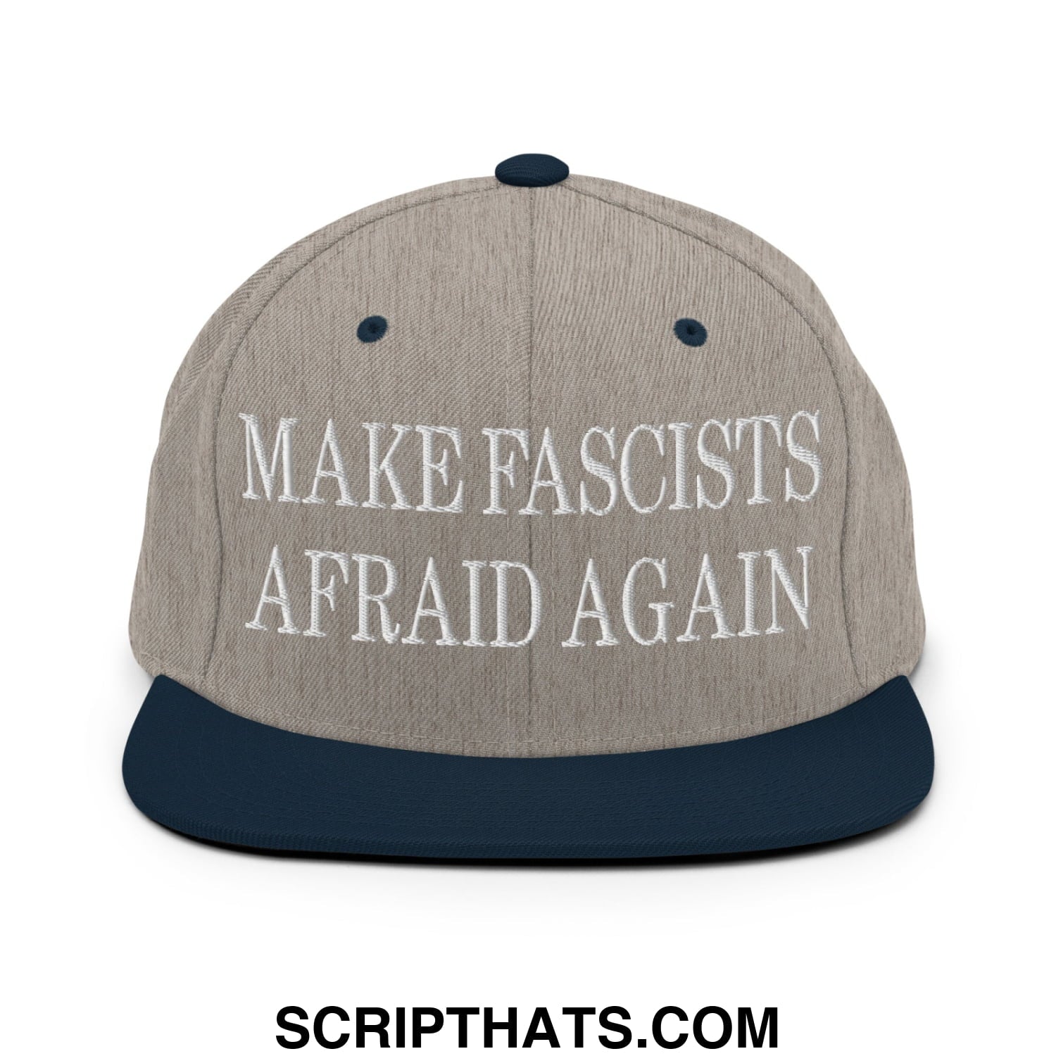 Gray and navy blue snapback hat with white embroidered text make fascists afraid again on the front panel