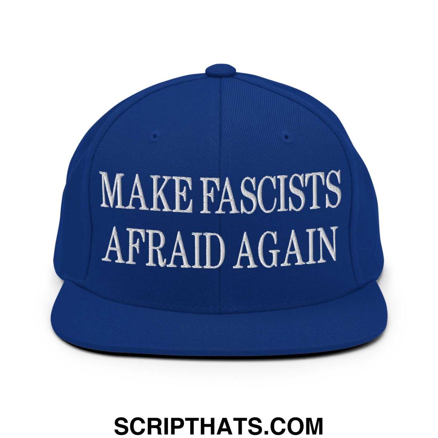 Royal blue flat bill brim snapback hat with white embroidered make fascists afraid again text