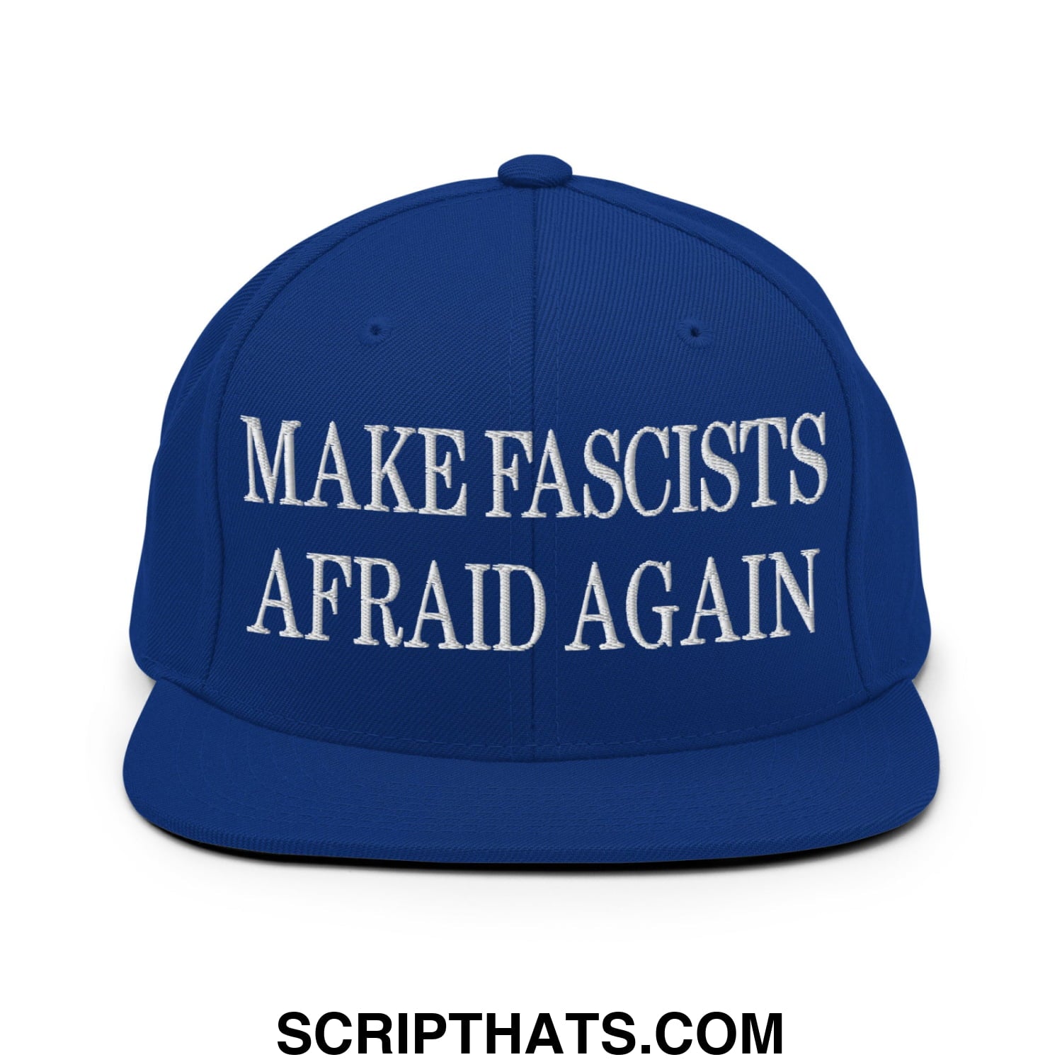 Royal blue flat bill brim snapback hat with white embroidered make fascists afraid again text