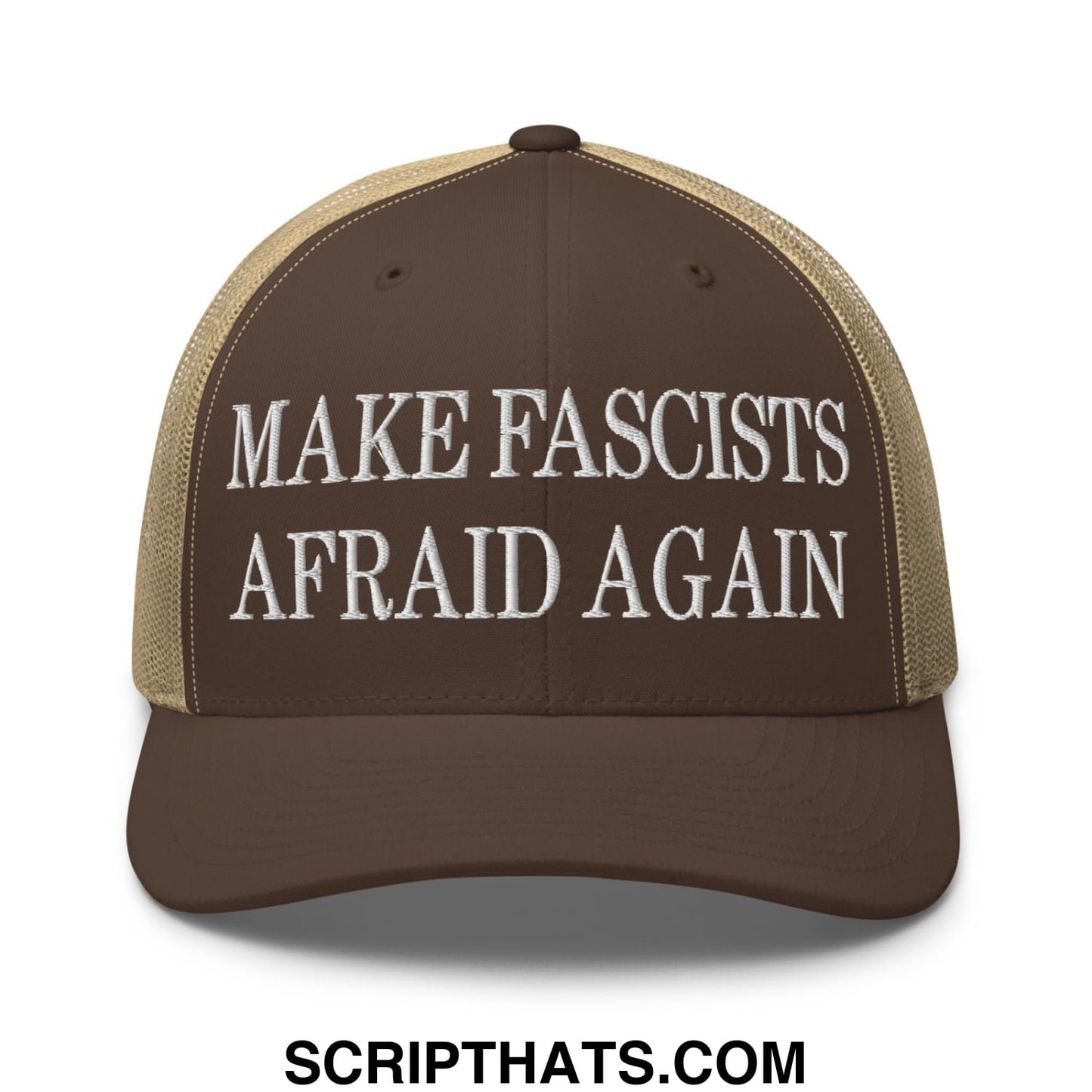 Brown and tan mesh trucker hat with white embroidered text make fascists afraid again for casual wear