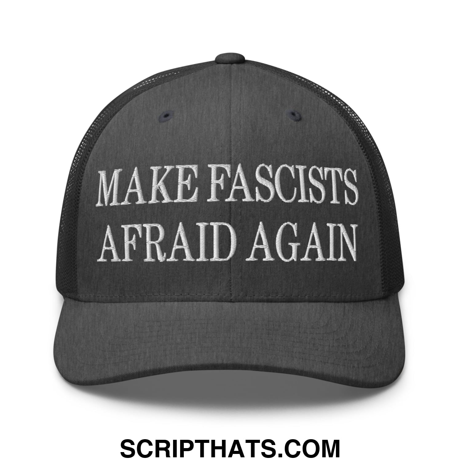 Black mesh trucker hat with white embroidered text make fascists afraid again on the front panel