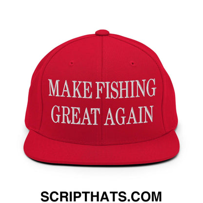 Make Fishing Great Again Embroidered Flat Bill Brim Snapback Hat Red