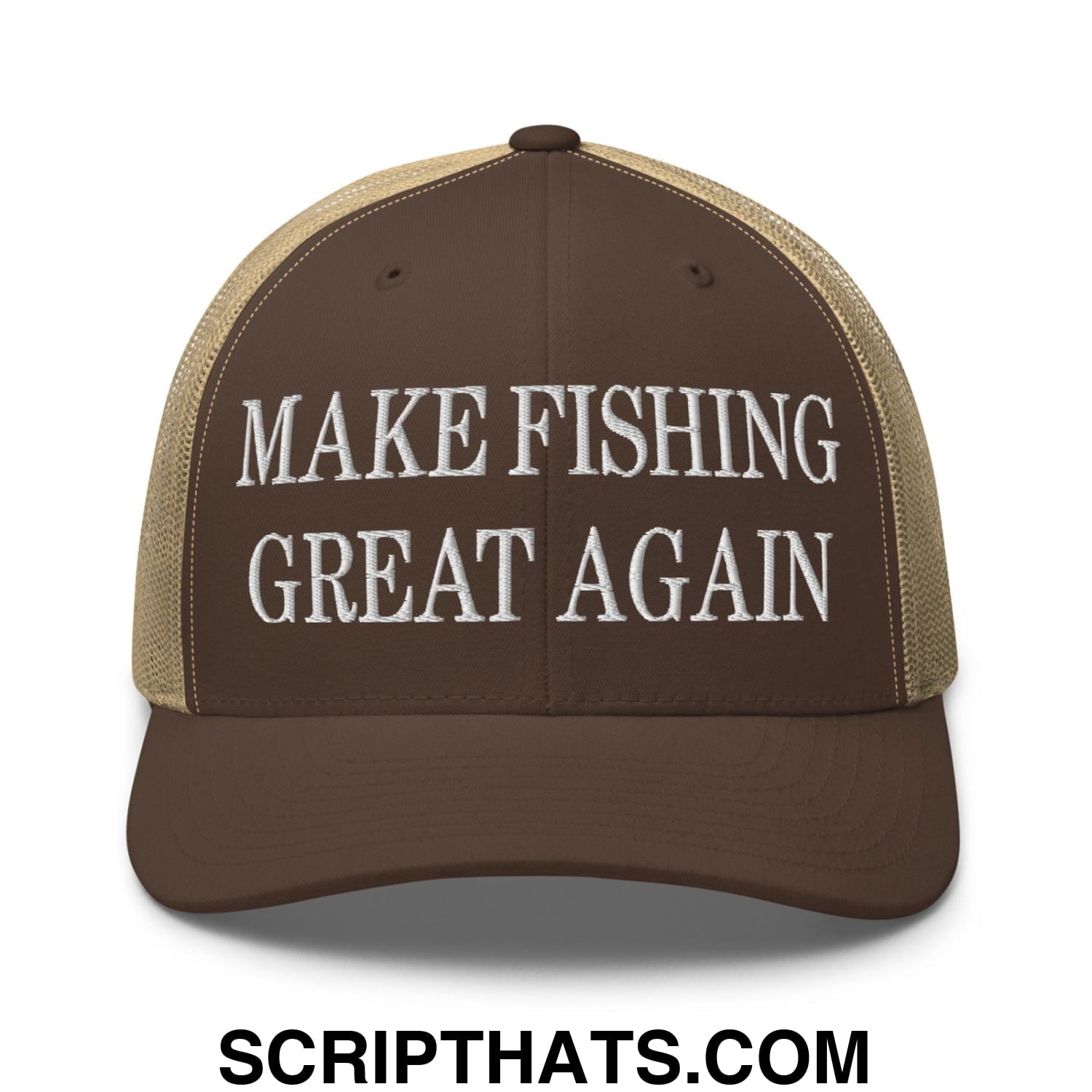 Make Fishing Great Again Embroidered Mesh Trucker Hat Brown Khaki