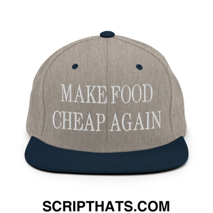 Make Food Cheap Again Embroidered Flat Bill Brim Snapback Hat Heather Grey Navy