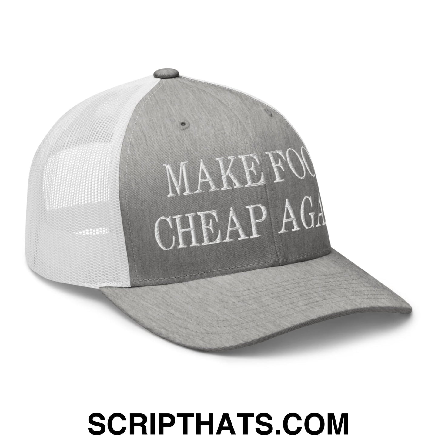 Make Food Cheap Again Embroidered Mesh Trucker Hat Heather Grey White