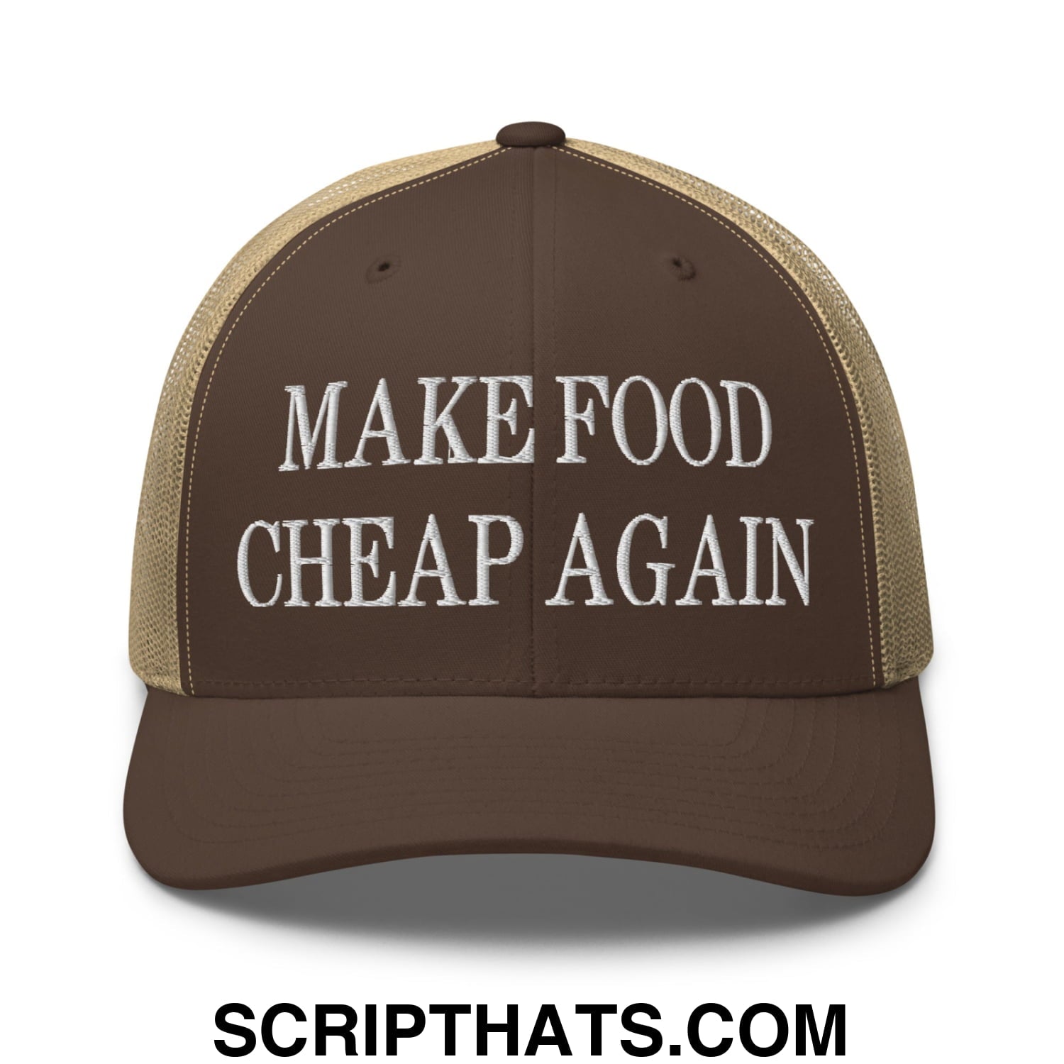Make Food Cheap Again Embroidered Mesh Trucker Hat Brown Khaki