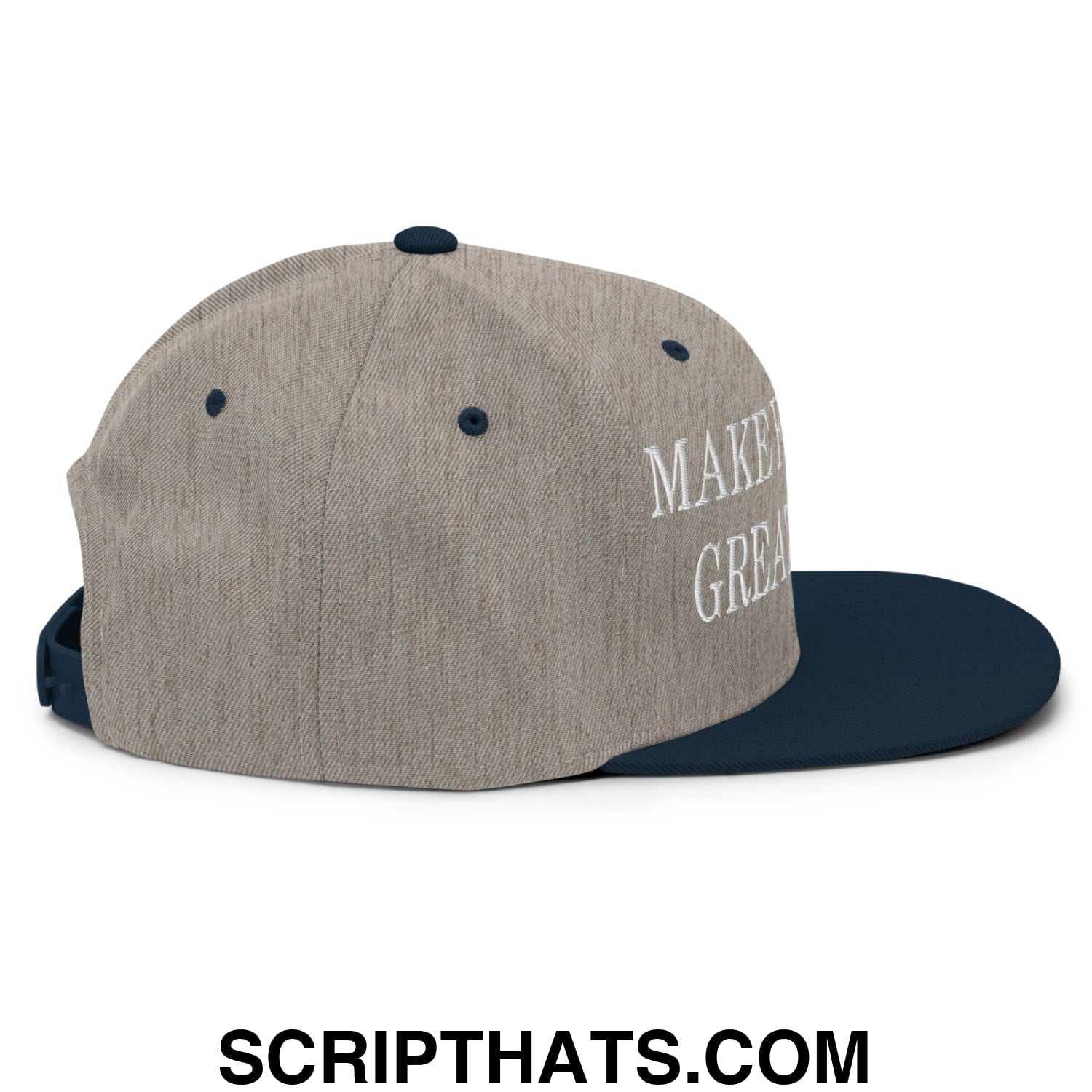 Gray and navy blue snapback hat with make it great embroidered in white on the side flat bill brim design