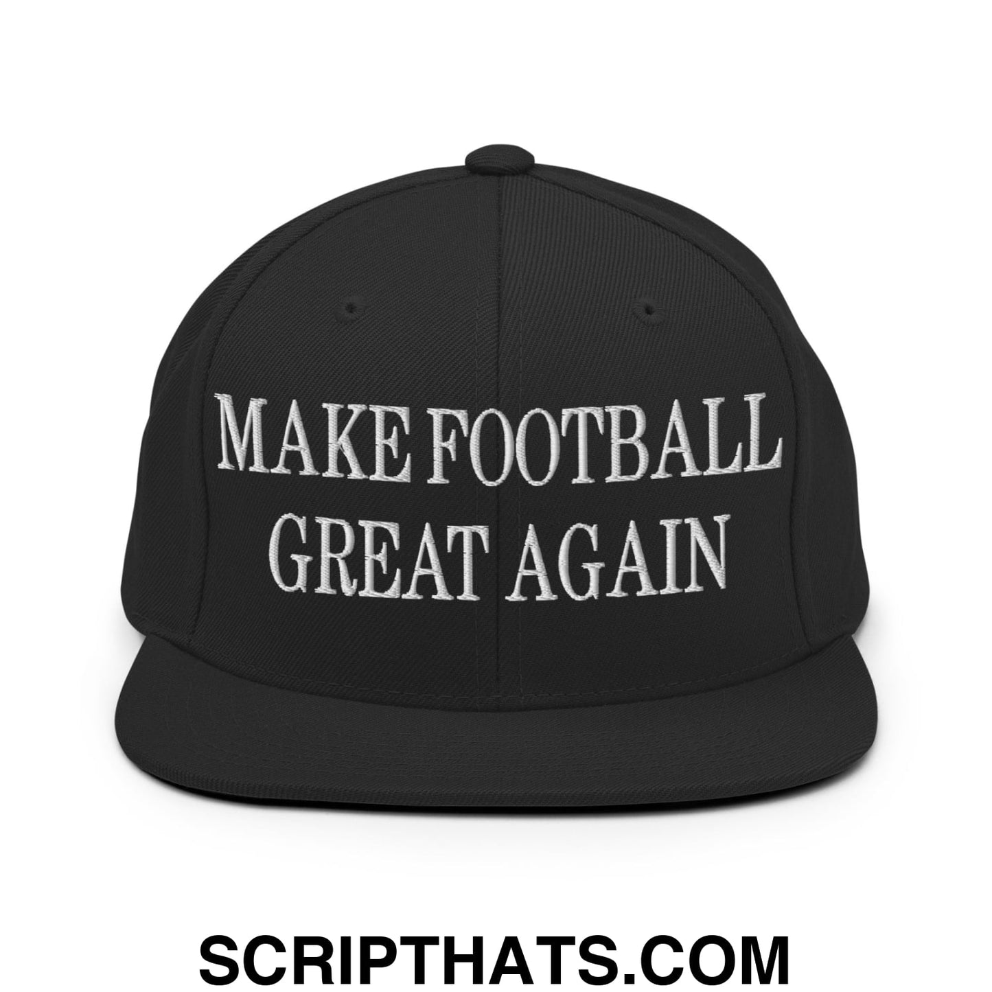 Black snapback cap with white embroidered make football great again text and flat bill brim for football fans